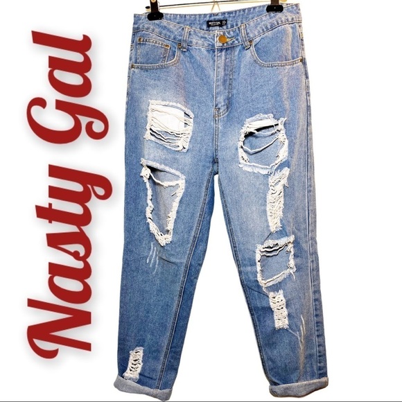 NASTY GAL I GOT TROUBLE Distressed High Waisted Relaxed Jeans, Size 8 - Picture 13 of 14